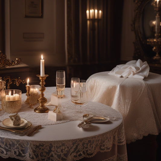 A serene, candlelit room with a elegant, lace-trimmed wedding veil draped over a velvet-covered chair, surrounded by scattered wedding invitations, a delicate jewelry box, and a champagne flute.