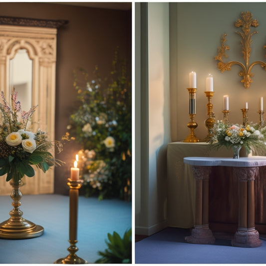 A split-screen image: a serene, empty wedding altar with a few forgotten flowers, contrasted with a bustling makeup studio filled with mirrors, brushes, and happy clients.