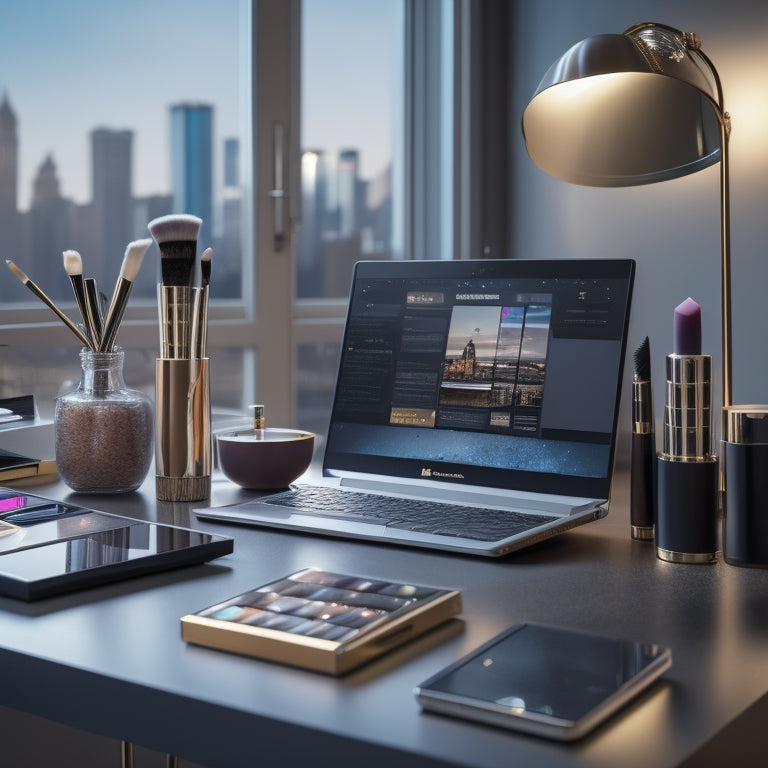 A sleek, modern makeup station with a laptop, smartphone, and tablet, surrounded by brushes, palettes, and products, with a subtle cityscape background and a hint of studio lighting.