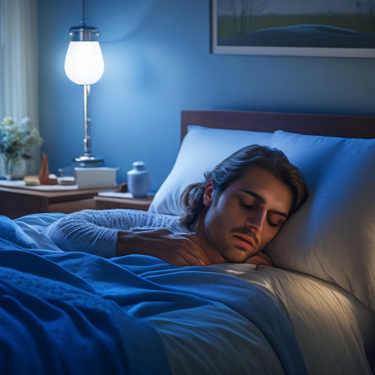 A serene bedroom scene featuring a person sleeping peacefully, wearing a comfortable night splint on one foot, gentle moonlight illuminating the room, soft bedding, and a calming atmosphere that conveys relief and comfort.