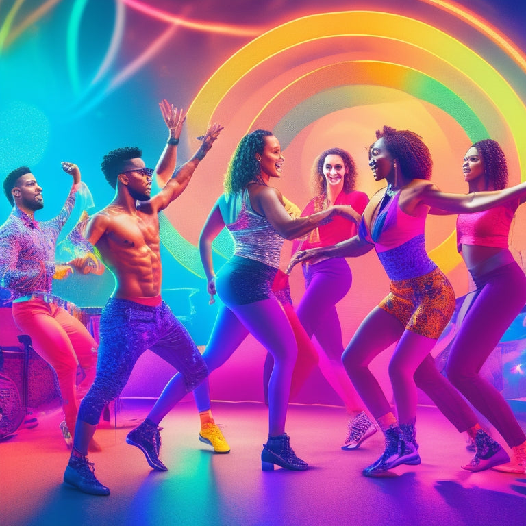 A vibrant illustration of a diverse group of people dancing in a studio, surrounded by musical instruments and exercise equipment, with colorful lights and swirling patterns in the background.