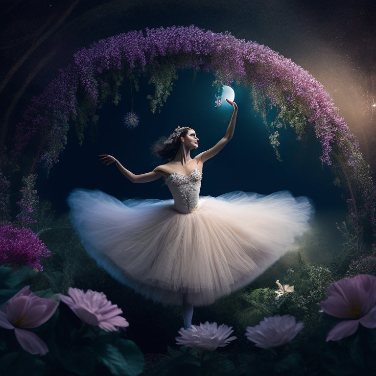 A whimsical illustration of a ballet dancer in a flowing tutu, surrounded by delicate flowers and vines, with a subtle, shimmering background that resembles a soft, moonlit night.