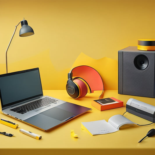 A modern, minimalist illustration featuring a virtual studio setup with a sleek laptop, headphones, and a microphone, surrounded by colorful virtual sticky notes and digital diagrams.