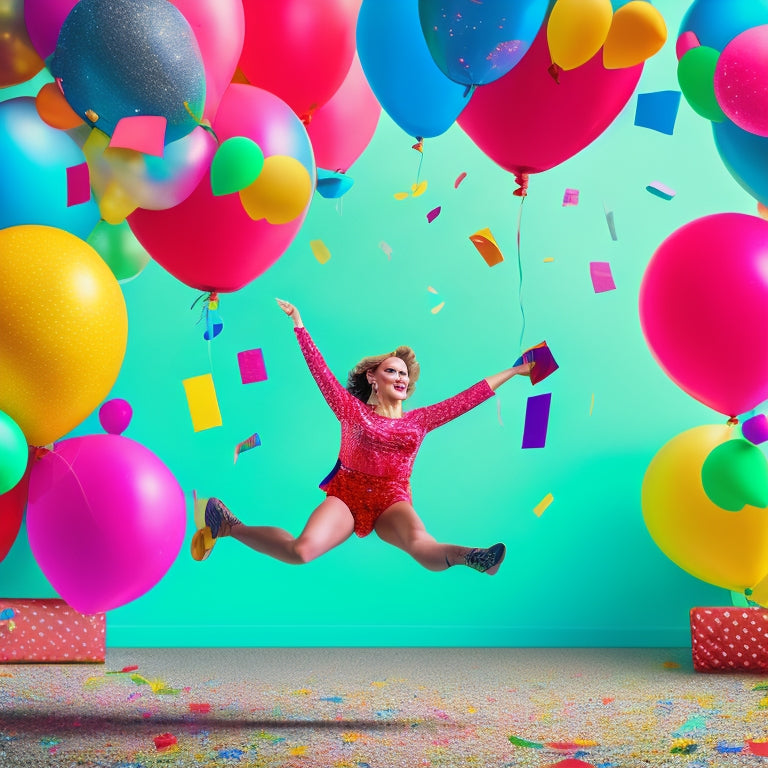 A vibrant, colorful illustration of a dancing figure surrounded by balloons, confetti, and a giant gift box, with a subtle digital grid pattern in the background, evoking a sense of celebration and joy.