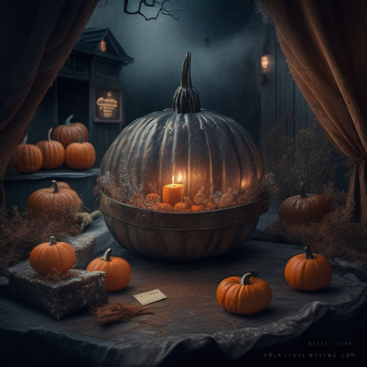 A dimly lit, eerie vintage-inspired illustration featuring Ocean Borden's antique Halloween pin at the center, surrounded by swirling mist, cobwebs, and subtle, glowing jack-o'-lanterns in the background.