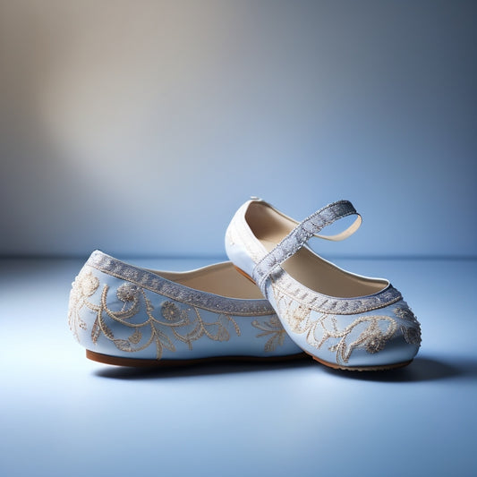 A delicate, intricately designed ballet shoe with lace details, adorned with swirling floral patterns and subtle sparkle elements, set against a soft, pale blue background with subtle gradient effects.