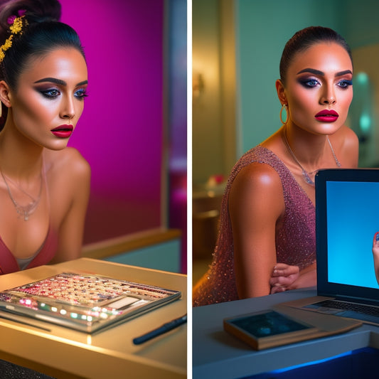 A split-screen image: on the left, a dancer in front of a vanity with makeup scattered around, gazing into a mirror; on the right, a laptop with a virtual try-on makeup interface open.