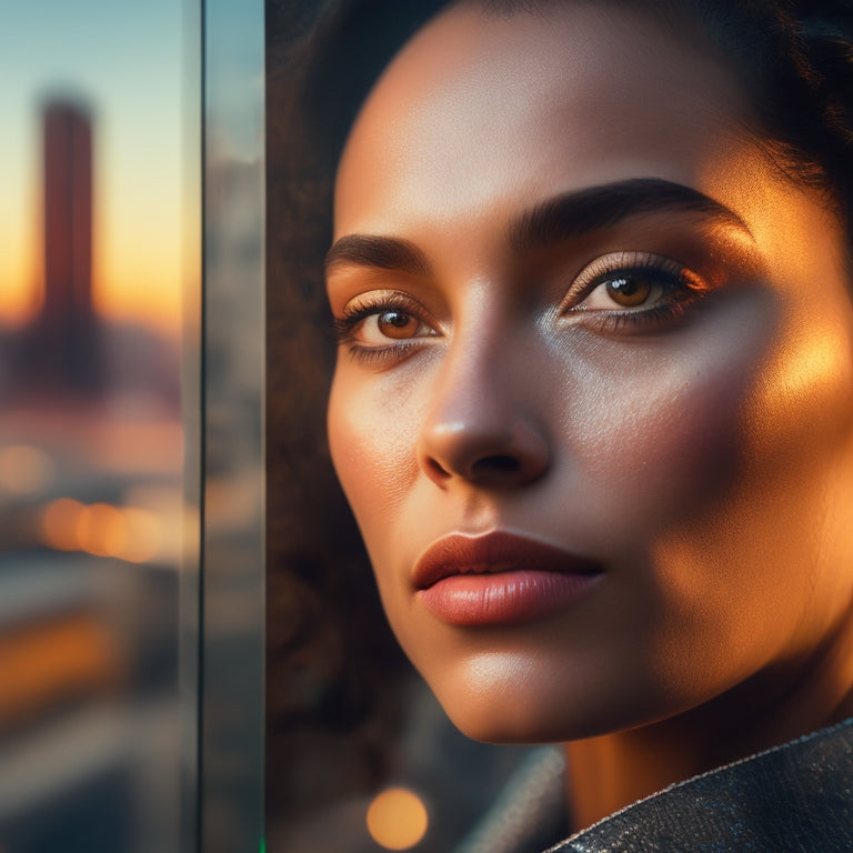 A fragmented mirror reflection of a woman's face, with shards of glass forming a collage of diverse faces, skin tones, and features, set against a blurred cityscape at dusk.