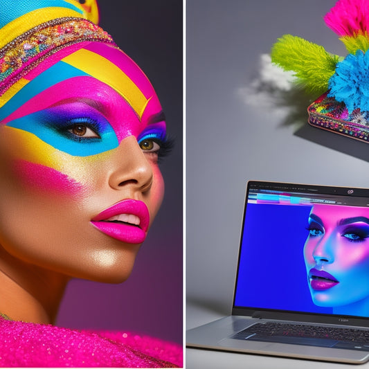 A split-screen image featuring a dancer in a bold, colorful costume on one side, and a laptop screen displaying a digital makeup tutorial on the other, with makeup brushes and products scattered around.