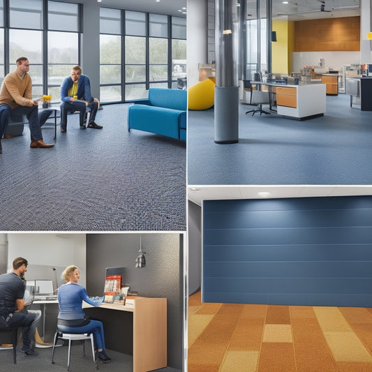 A bright, modern workplace with various safety flooring samples displayed: textured rubber tiles, slip-resistant vinyl, and cushioned cork, accompanied by safety signage and a diverse group of employees evaluating the options.