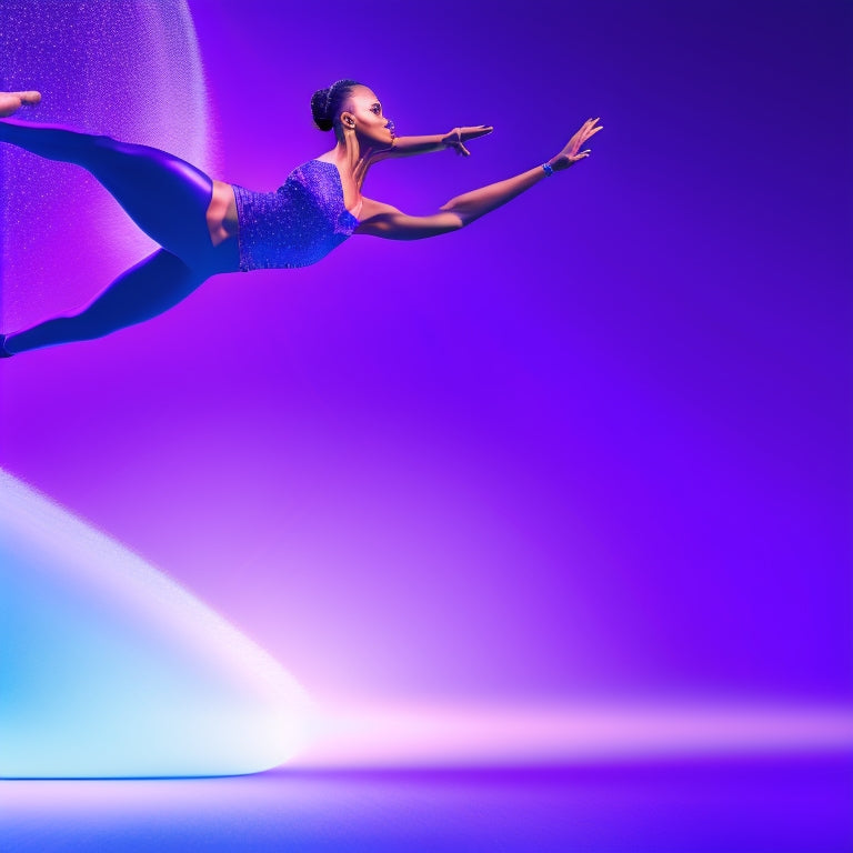 A dynamic illustration of a dancer in mid-pose, surrounded by floating checkboxes and musical notes, set against a vibrant, gradient background of blues and purples, with spotlight-inspired lighting.