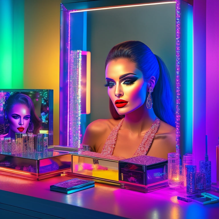 A glamorous, dimly-lit makeup station with sparkling digital screens, colorful makeup palettes, and a model's face with vibrant, glowing digital dance makeup, surrounded by online shopping icons.