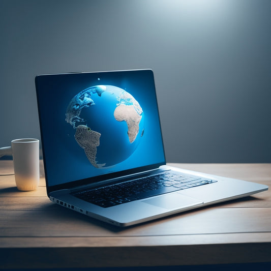 A minimalist illustration featuring a laptop with a split-screen display: a globe on one side, symbolizing online reach, and a lightbulb on the other, representing innovative course ideas.