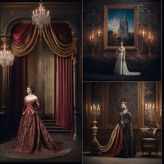 A lavish theater stage adorned with rich velvet curtains, showcasing intricate costumes: a Renaissance gown with delicate lace, a Victorian tailcoat, and a 1920s flapper dress, all illuminated by soft, dramatic lighting.