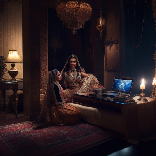A dimly lit, intimate room with a beautiful, ornate mirror, and a laptop or TV in the corner, displaying a belly dancer in mid-movement, surrounded by soft, flowing fabrics and Middle Eastern-inspired decorations.