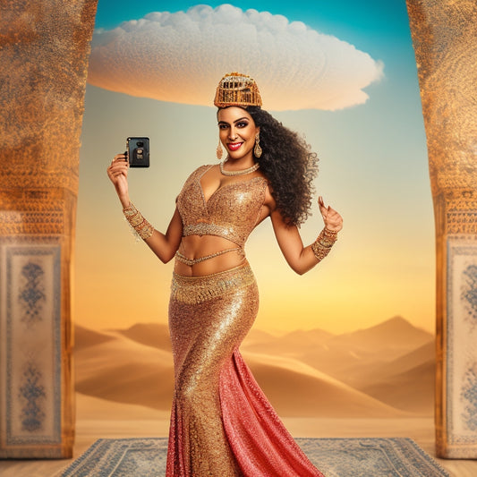 A whimsical illustration of a belly dancer posing in front of a giant smartphone, surrounded by swirling Arabic patterns, with Instagram icons and hashtags orbiting around her.