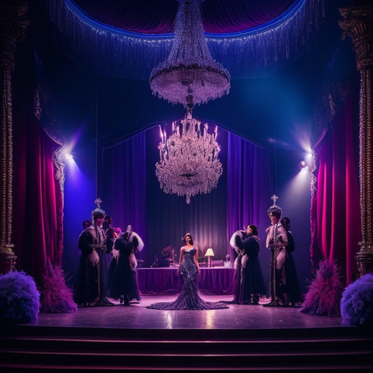 A lavish, velvet-draped stage with a spotlight shining down, surrounded by feather boas, sequined gloves, and a tantalizing glimpse of a corset, with a pair of high heels center stage.