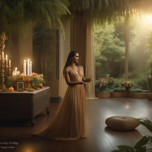 A serene, golden-lit dance studio with a solitary, fit woman in her 30s, dressed in flowing, earth-toned attire, moving sensually to gentle, instrumental music, surrounded by candles and lush greenery.