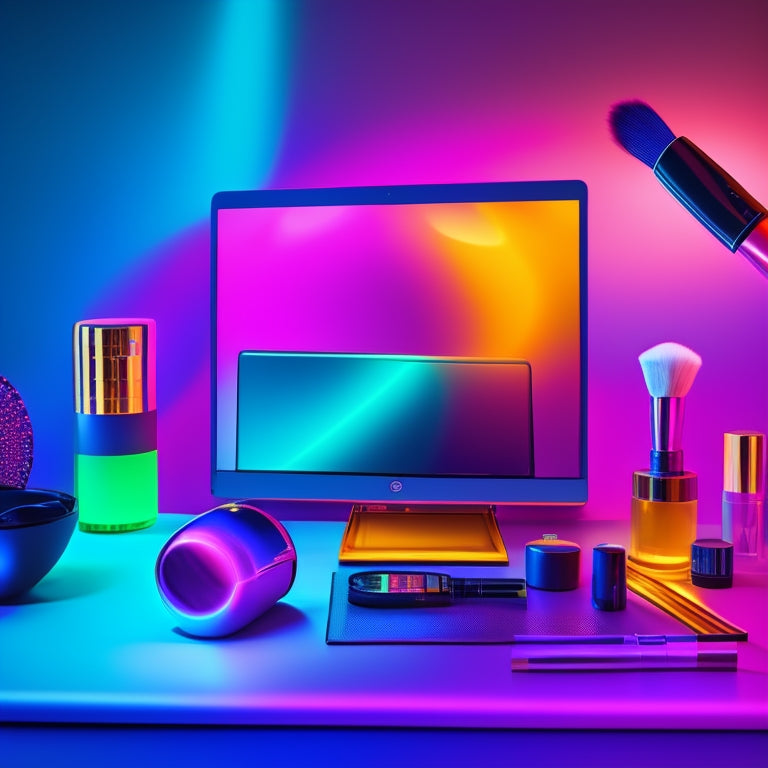 A colorful, futuristic digital workspace with a laptop, tablet, and smartphone surrounded by dance-inspired makeup tools, brushes, and products, with a subtle stage light glow in the background.