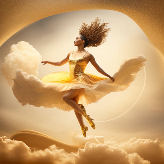 A whimsical illustration featuring a dancer in motion, surrounded by swirling clouds of thought bubbles, each containing abstract shapes and lines resembling philosophical concepts, set against a warm, golden background.