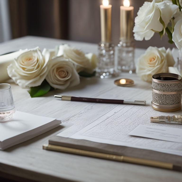 A elegant, ivory-colored wedding planner lies open on a rustic wooden desk, surrounded by scattered rose petals, a silver pen, and a pair of champagne flutes.
