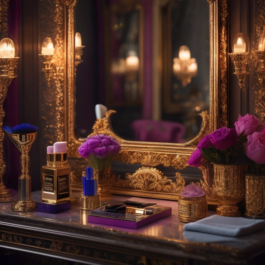 A glamorous, spotlit vanity table with an array of colorful makeup products, brushes, and tools, surrounded by ornate mirrors and soft, golden lighting, evoking a sense of luxury and expertise.