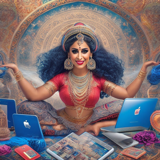 A vibrant, whimsical illustration of a belly dancer surrounded by swirling patterns of laptops, smartphones, and social media icons, with a subtle Middle Eastern-inspired background.
