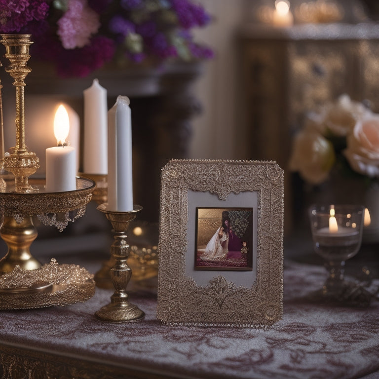 An ornate, golden dance card with lace trim and a delicate, beaded closure, resting on a velvet-covered, antique vanity, surrounded by candelabras, flowers, and a few, strategically-placed, luxurious fabrics.