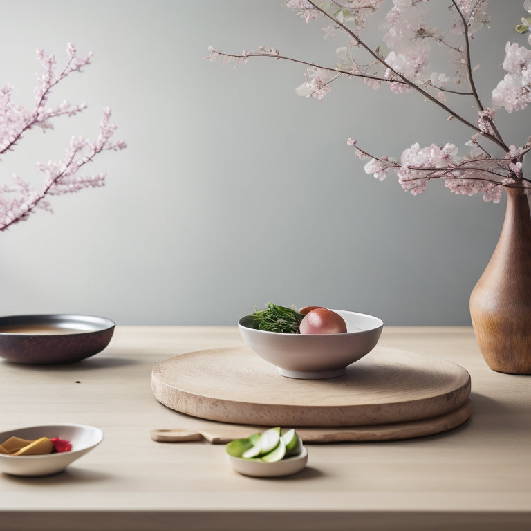 A serene, minimalist kitchen with a large wooden cutting board at its center, surrounded by precision knives, vibrant ingredients, and a steaming bowl of ramen, set against a subtle cherry blossom backdrop.