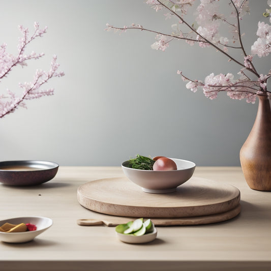 A serene, minimalist kitchen with a large wooden cutting board at its center, surrounded by precision knives, vibrant ingredients, and a steaming bowl of ramen, set against a subtle cherry blossom backdrop.