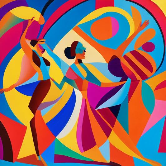 A vibrant, abstract illustration featuring three dancing figures in bold, geometric forms, surrounded by swirling shapes and expressive brushstrokes, evoking the dynamic energy of Picasso's iconic artwork.