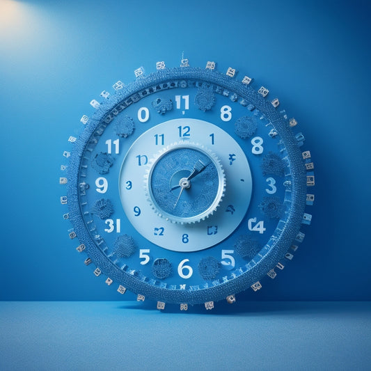 A minimalist illustration featuring a clock with social media icons (Facebook, Twitter, Instagram, etc.) orbiting around it, with gears and cogs in the background, conveying efficiency and productivity.