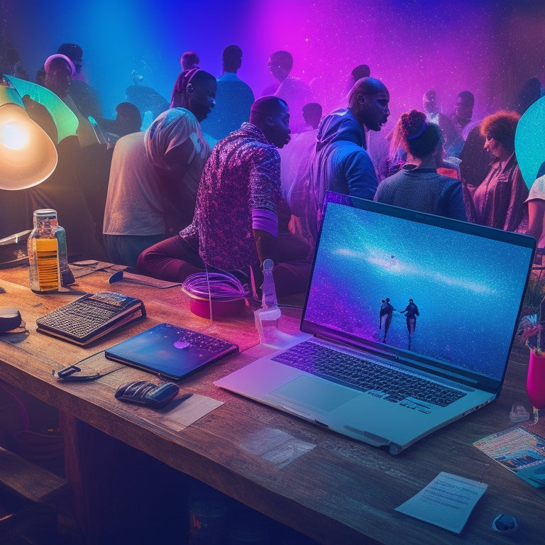 A colorful illustration of a festival organizer's desk, with a laptop, headphones, and notes scattered around, surrounded by silhouettes of dancing figures in the background, amidst a vibrant and lively atmosphere.