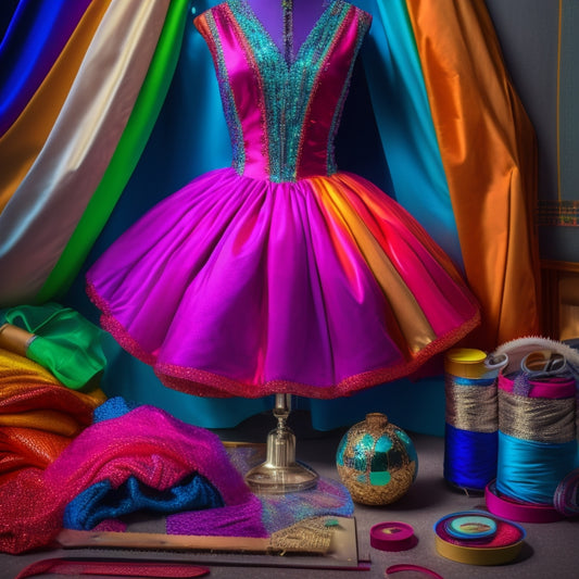 A colorful dance costume hangs from a velvet-covered dress form, surrounded by sewing tools, measuring tapes, and a steamer, with a subtle sparkle effect on the fabric.