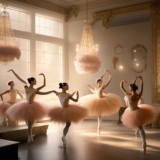 A whimsical illustration of a ballet studio, with soft, golden lighting and delicate, feathery brushstrokes, featuring a trio of dancers in various poses, surrounded by scattered tutus and ballet shoes.