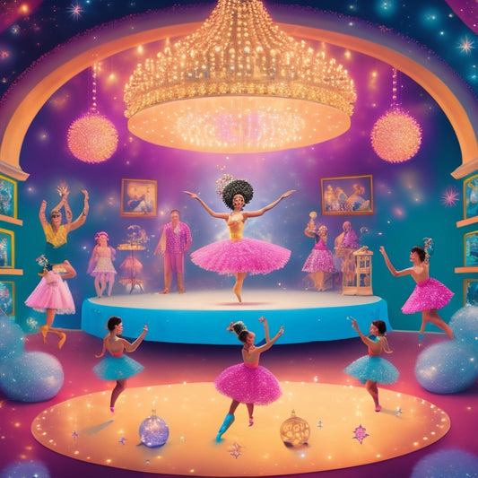 A whimsical illustration of a dance studio with a magical, sparkly aura, featuring a dancing instructor surrounded by thought bubbles filled with glittering dance shoes, tiara, and a "World's Okayest Dancer" trophy.