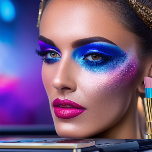 A close-up of a dancer's face, with a laptop or tablet in the background displaying a makeup tutorial, surrounded by makeup brushes, eyeshadows, and lipsticks, with a subtle sparkle effect on the dancer's eyes.