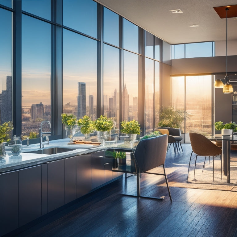 A modern office with shatterproof glass walls, showcasing vibrant city views, a sleek kitchen with glass countertops, and a cozy living room with large shatterproof windows letting in natural light.