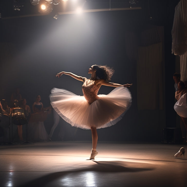 A dimly lit dance studio with a lone, spotlighted dancer in a powerful pose, surrounded by scattered dance notes, music sheets, and a few scattered dance shoes, with a subtle, shimmering aura.