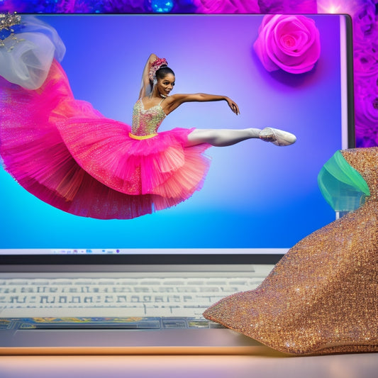 A vibrant, whimsical illustration of a ballerina standing in front of a laptop, surrounded by swirling fabrics, glittering jewels, and dancing shoes, with various online store logos subtly integrated into the design.