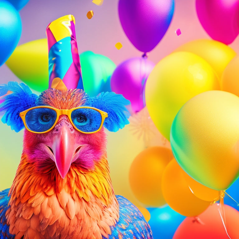 A whimsical illustration of a joyful chicken wearing sunglasses and a party hat, standing in front of a colorful, swirly background with confetti and balloons, surrounded by funky abstract shapes.