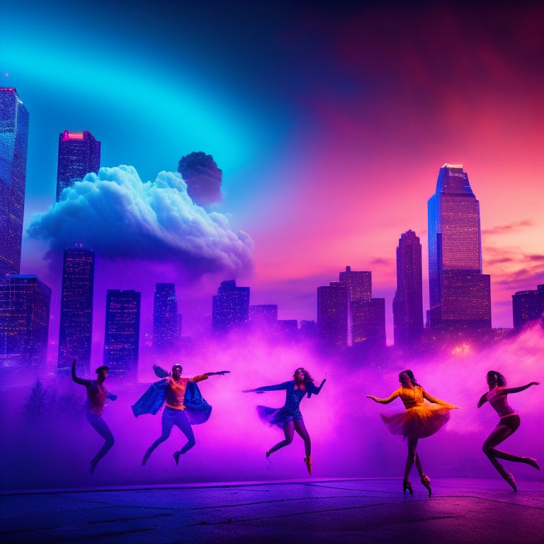 A vibrant, neon-lit cityscape of Denver at dusk, with dancers of diverse styles and ages suspended in mid-air, frozen in dynamic poses, surrounded by swirling clouds of fog and shimmering lights.