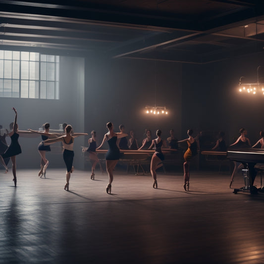 A dimly lit dance studio with a wooden floor, mirrored walls, and a grand piano, featuring a diverse group of dancers in various poses, surrounded by ballet bars and scattered dance shoes.