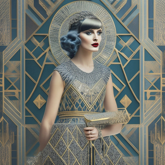 A stylized illustration of an ornate, geometric-patterned background, adorned with metallic accents, featuring a 1920s flapper girl surrounded by Art Deco motifs, such as chevrons and sunbursts.