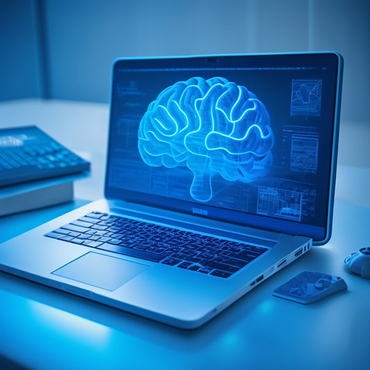 A futuristic, minimalist illustration featuring a puzzle piece fitting into a laptop screen, surrounded by glowing brain silhouettes and subtle, swirling learning curves in a calming blue and white color scheme.