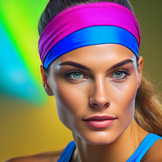 A vibrant dance headband in motion, showcasing moisture-wicking fabric, a secure fit on a model's head during an energetic workout, surrounded by colorful gym gear and dynamic dance poses, highlighting flexibility and comfort.