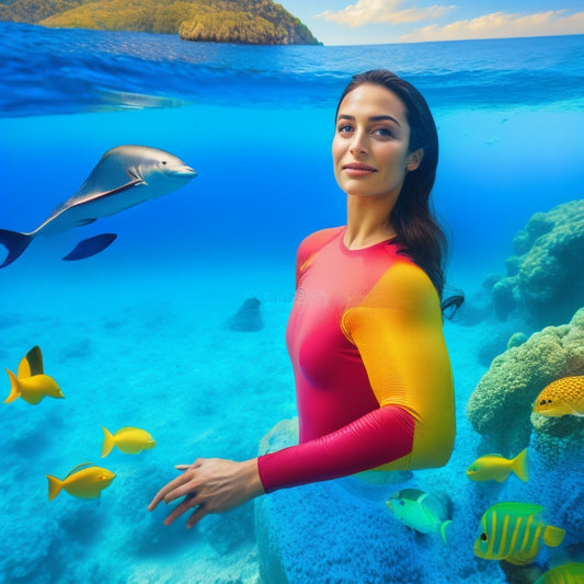 A serene ocean scene with a confident woman, mid-30s, wearing a vibrant, coral-colored, long-sleeved rash guard, swimming or snorkeling in calm turquoise waters, surrounded by schools of small fish.