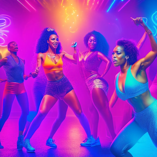 A vibrant, energetic illustration featuring a diverse group of people in a dimly lit, neon-lit studio, surrounded by mirrors and flashing lights, dancing and exercising in unison to a pulsating beat.