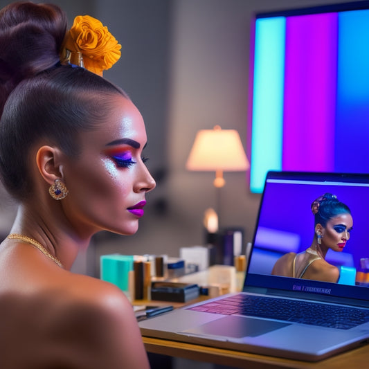 A dancer in a modern studio, surrounded by mirrors and barres, sits in front of a laptop with a makeup tutorial on screen, wearing a bold, colorful eye shadow look and a sleek bun.