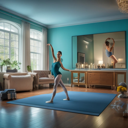 A serene, well-lit home studio with a dancer in the center, surrounded by mirrors, ballet bars, and a few props like blocks, straps, and a yoga mat, performing a gentle, flowing hamstring stretch.